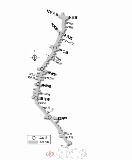 截至目前，僅剩西三環(huán)跨長(zhǎng)江路、丹青路高架橋金水河處一座箱梁尚未澆筑。