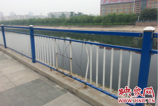 公園內(nèi)多個護欄中間的鋼筋條不翼而飛，僅僅是用幾根細細鐵絲纏住。