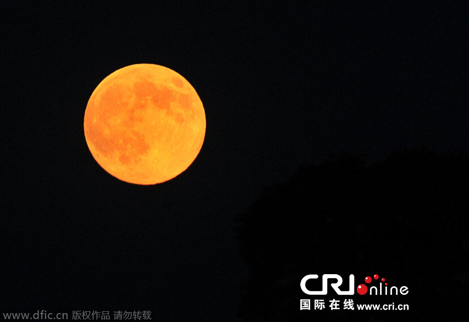 8月10日晚，一輪金燦燦的大月亮在遼寧省大連市東方升起。圖片來源：劉德斌/東方IC